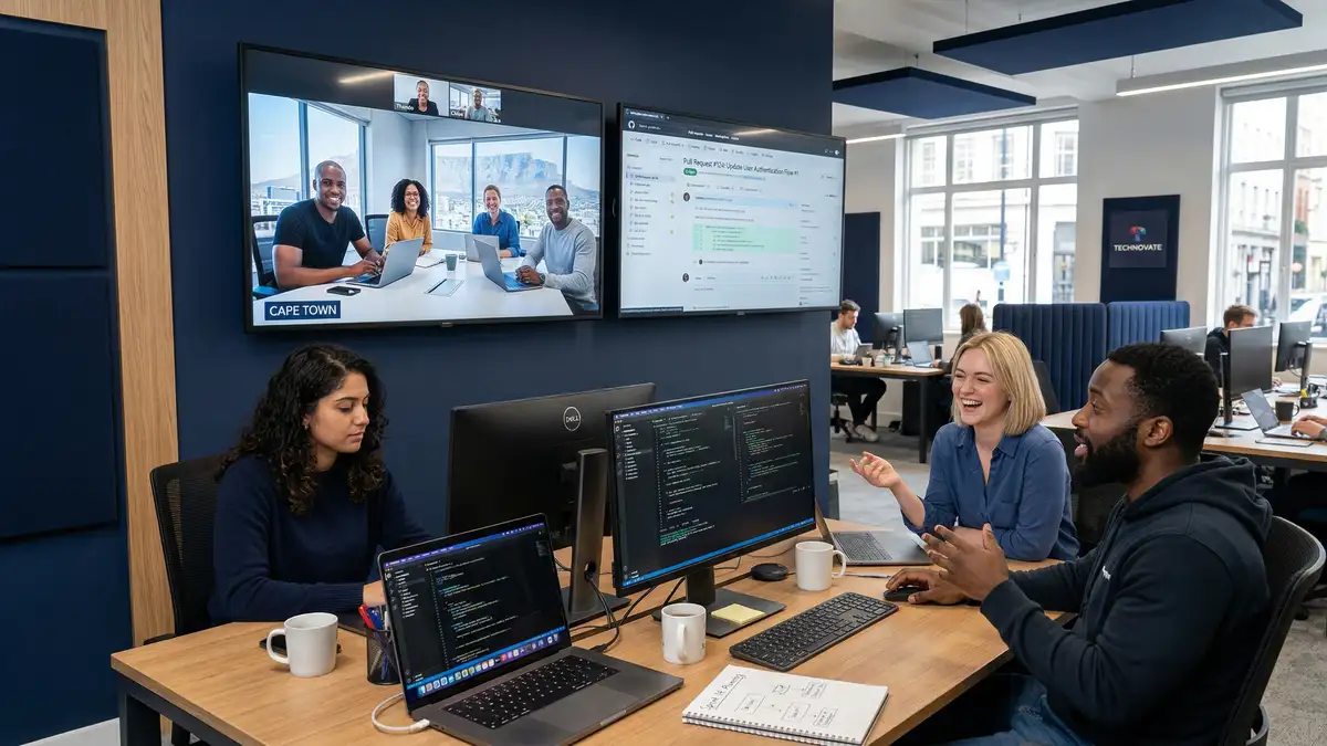 UK and South African developers collaborating via video conference with code and GitHub pull requests visible on monitors
