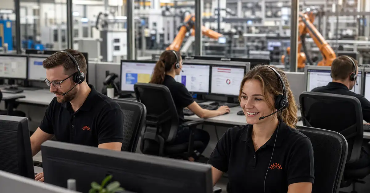 UK manufacturing facility customer service centre with professional representatives at modern workstations