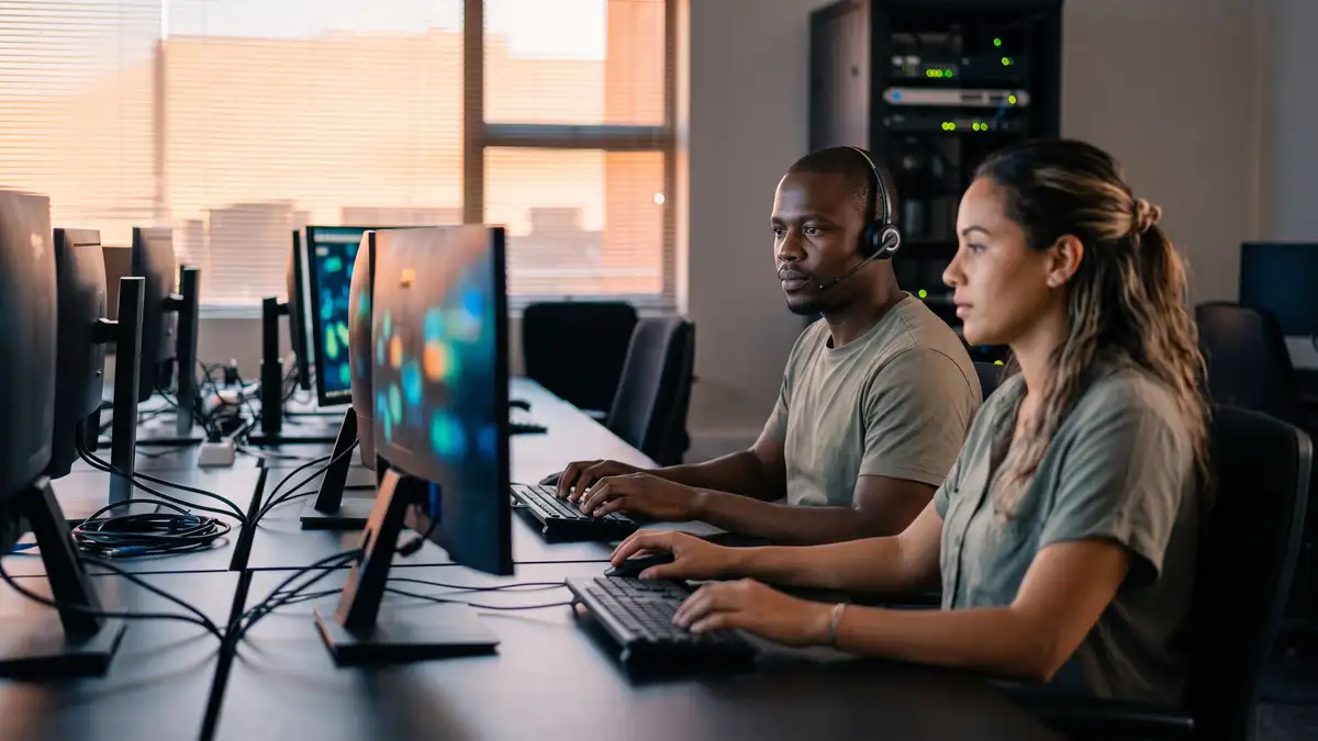 Two engineers on an evening shift in a Cape Town network operations room covering UK hours