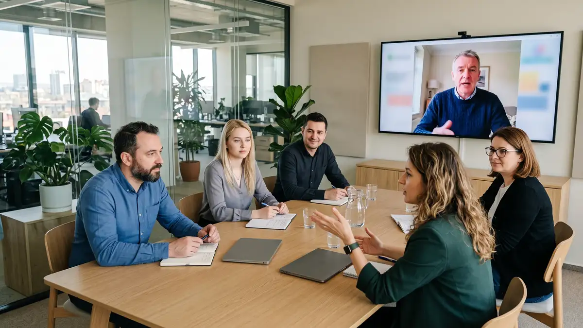 An in-office team in Iași, Romania on a video call with a UK manager