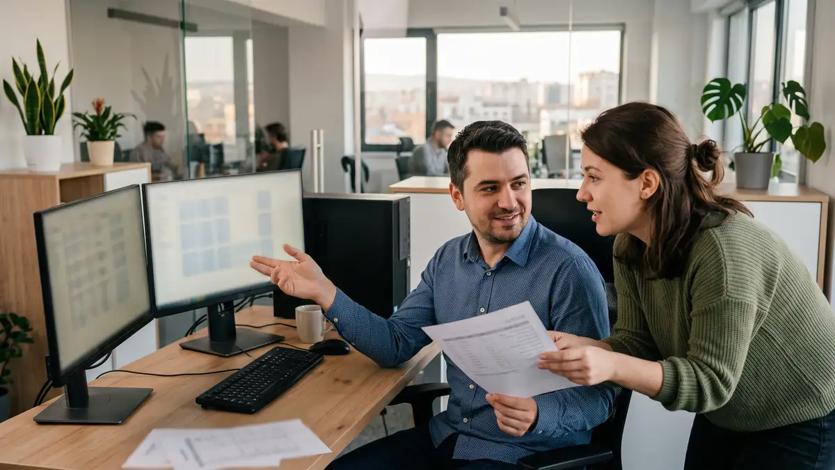Two accountants reviewing a printed reconciliation in a modern office in Iași, Romania