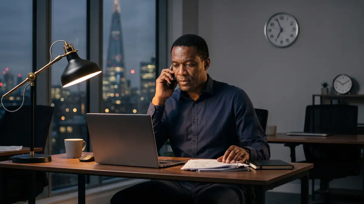 A UK finance manager on an evening call, with two clocks hinting at a time-zone difference