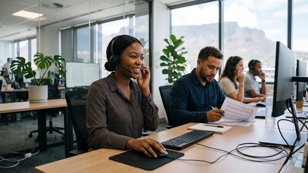 An outbound sales team on calls in a managed office in Cape Town, with Table Mountain through the window