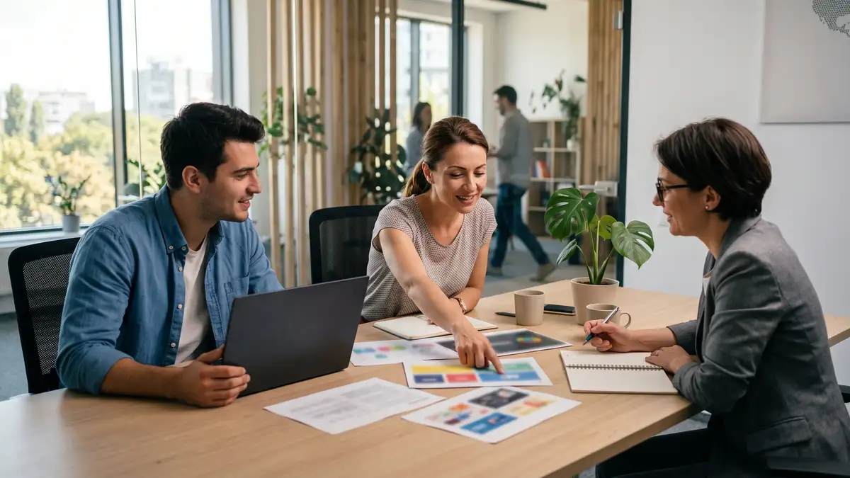 A marketing team reviewing printed campaign mock-ups around a table in Iași, Romania