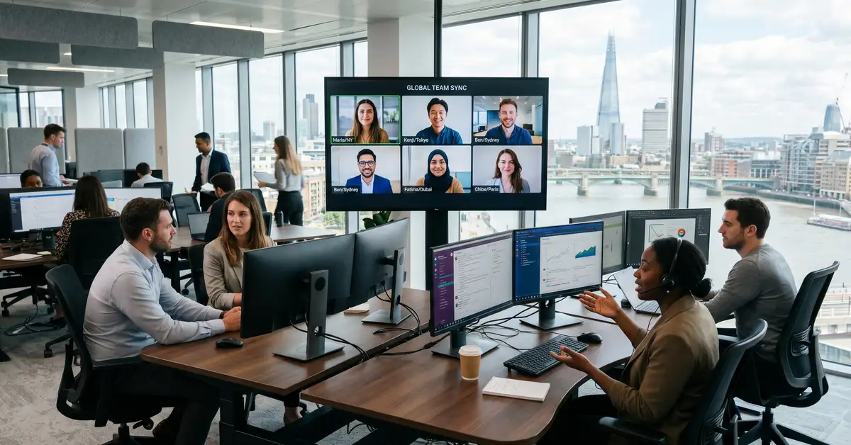 Connected global team working across multiple screens representing integrated offshore team management