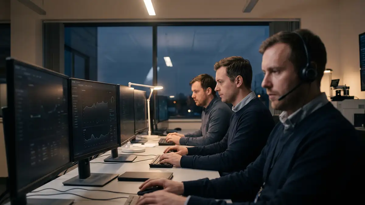 Three engineers covering an evening shift at monitoring desks in an operations room