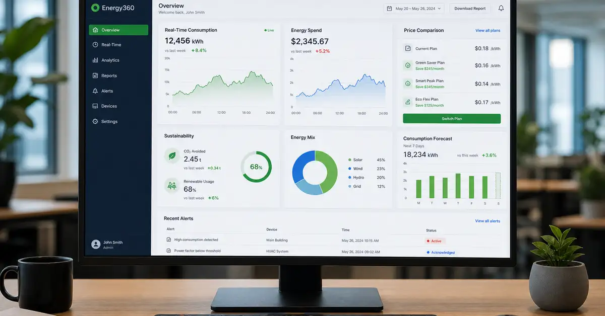 Energy management SaaS dashboard showing real-time data analytics