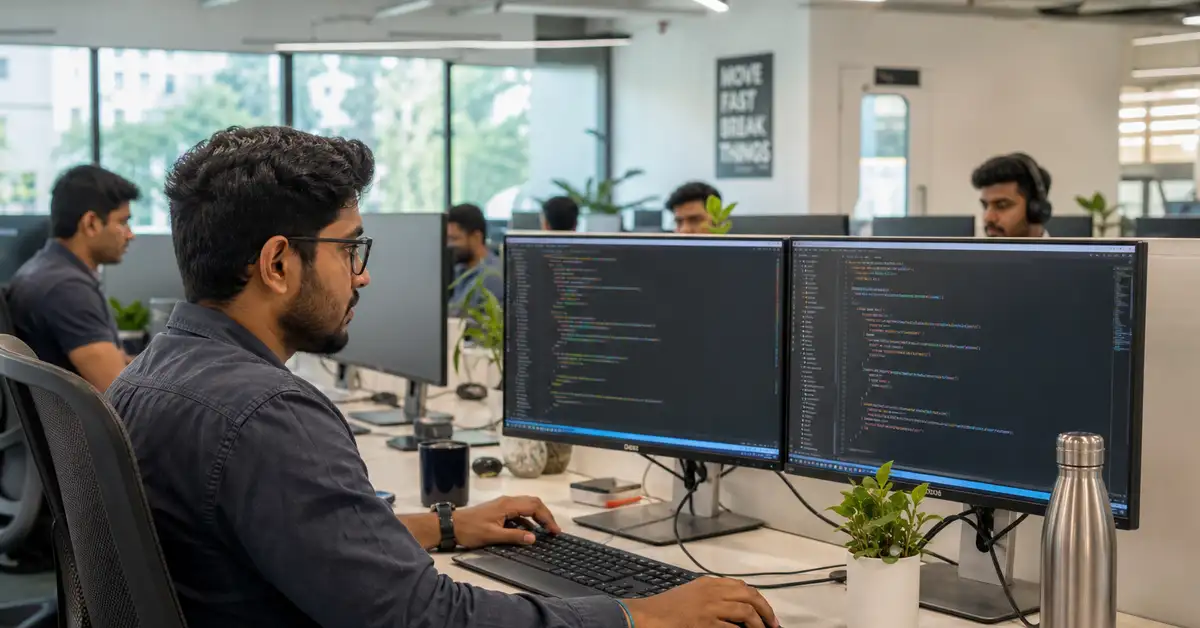 Young Indian software engineers working at computers in Bangalore office