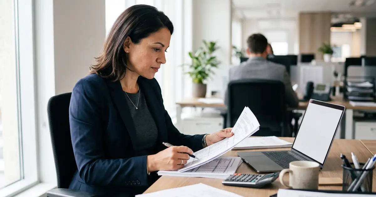 A finance manager reviewing printed financial schedules at her desk in a bright modern office