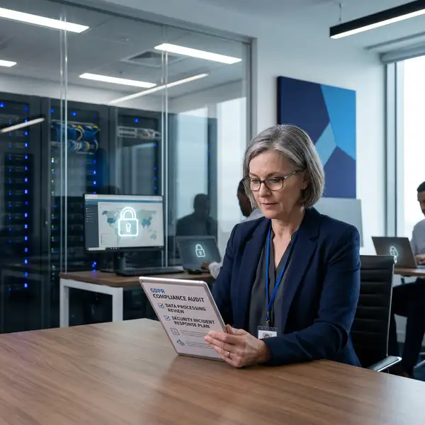 GDPR data compliance framework for offshore sales teams showing secure data transfer between UK, South Africa, Romania, and India with regulatory shield protection