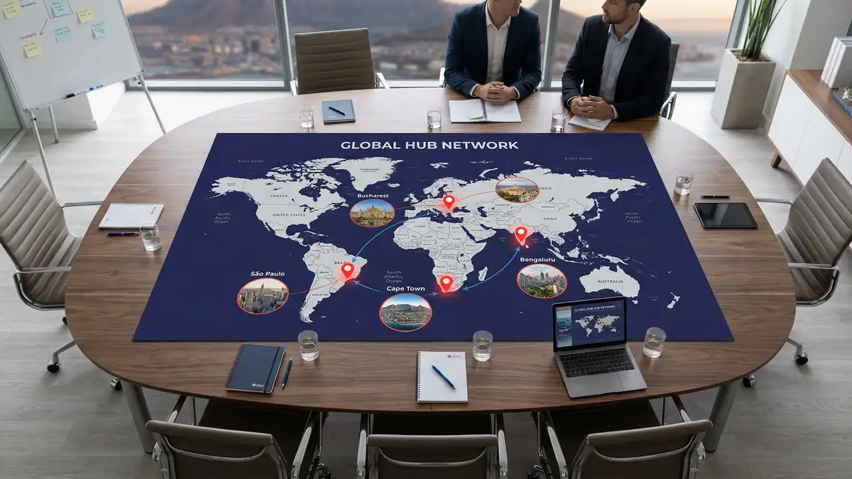 Global map of Potentiam offshore talent hubs in Cape Town, Bucharest, Bangalore, and São Paulo highlighting English-first communication, EU compliance, and technical specialisms