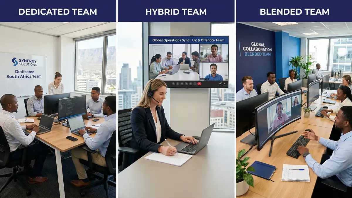 Three offshore sales team deployment models showing SDR prospecting hub, embedded account management, and customer success expansion workflows for UK businesses