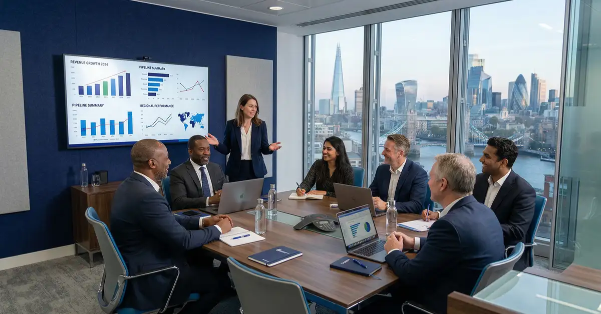 UK business leaders reviewing offshore sales team performance data on a strategy dashboard