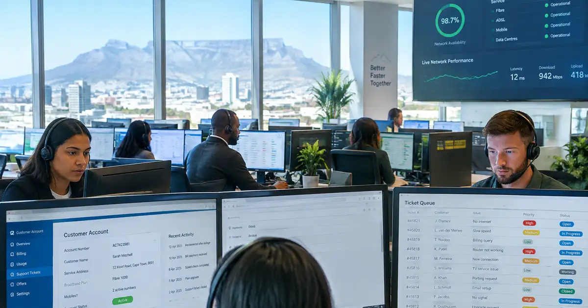 Embedded offshore customer operations team for a UK broadband and telecoms provider working at desks with headsets in a Cape Town office, with account records and ticket queues on screen