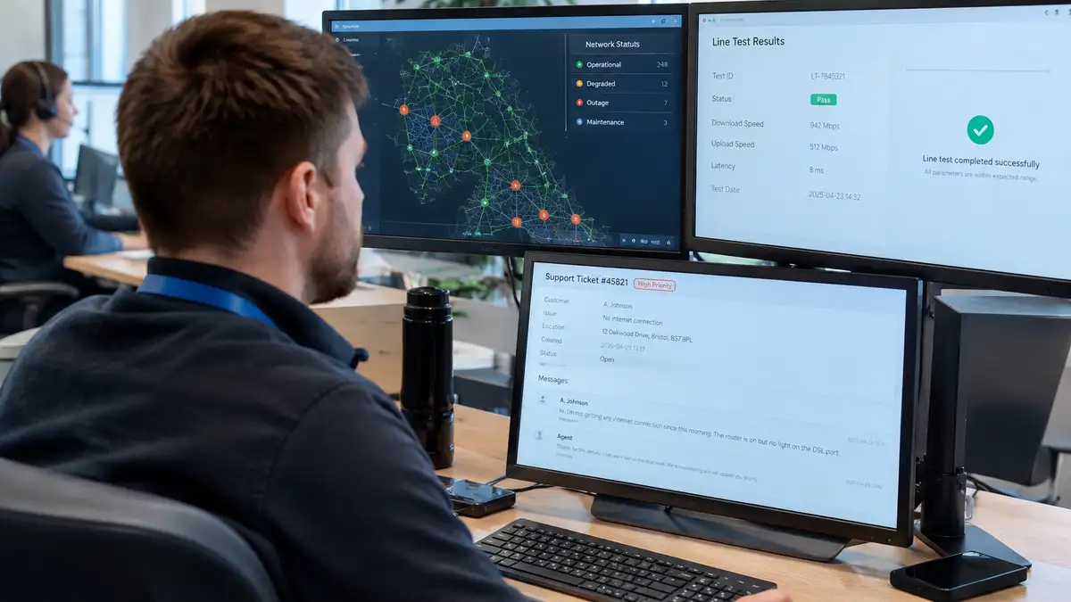 Technical support analyst in an offshore team monitoring a full-fibre broadband network status map, a line test result and an open customer fault ticket