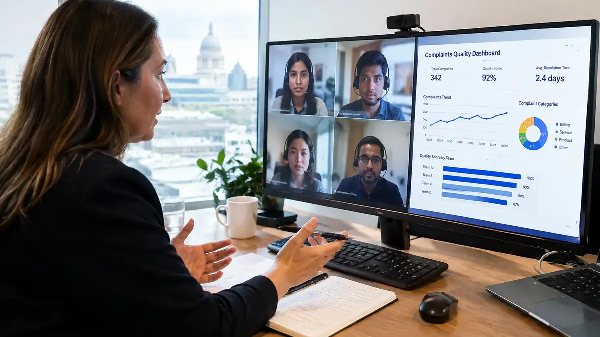 UK customer operations manager on a video call with an embedded offshore customer service team, reviewing a telecoms complaints quality dashboard together