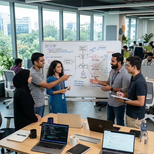 A diverse team of Bengaluru-based software engineers collaborating at a whiteboard with code diagrams and architecture sketches in a modern tech office
