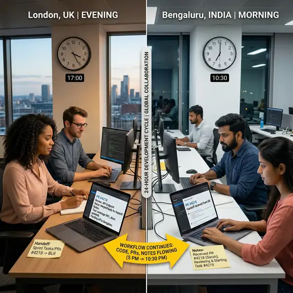 Follow-the-sun software development showing UK team handing off work in the evening to Bengaluru team in the morning with clocks showing different timezones