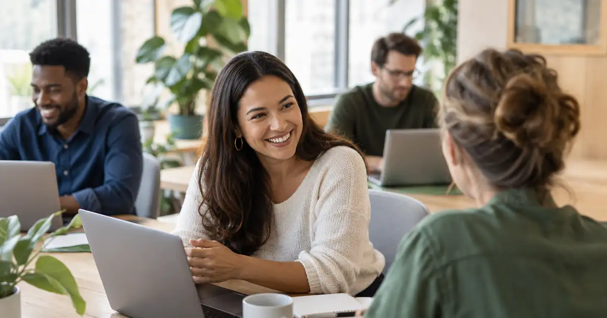 A small team talking and working together at a shared desk in a bright, welcoming office