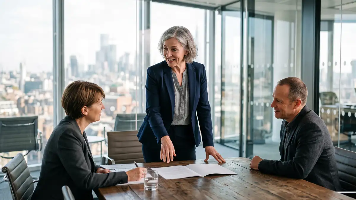 Senior consultant presenting to two clients across a meeting room table