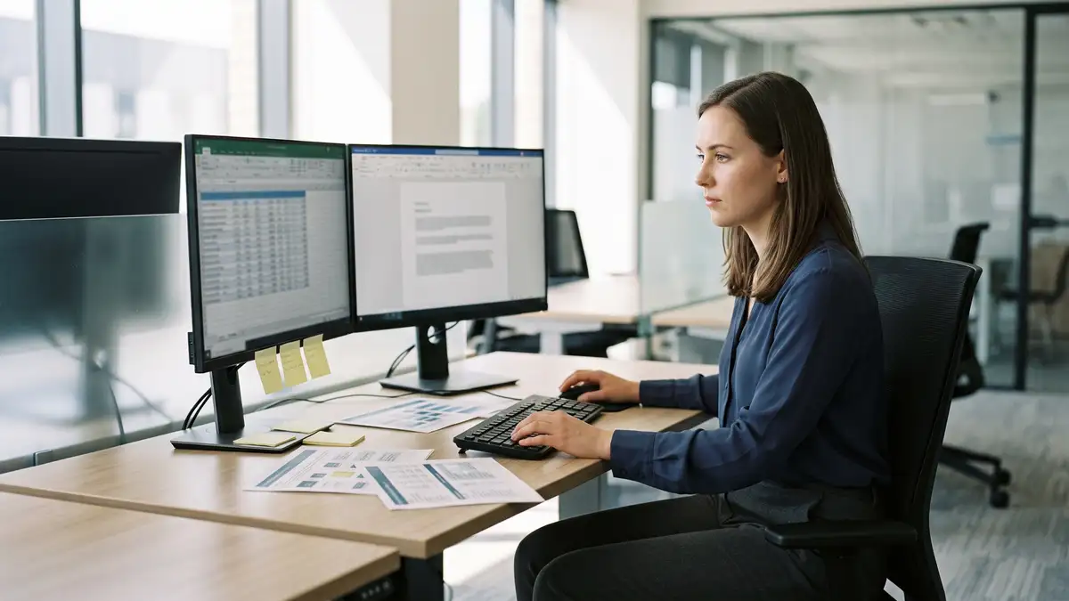 Research analyst preparing supporting material at a dual-monitor desk