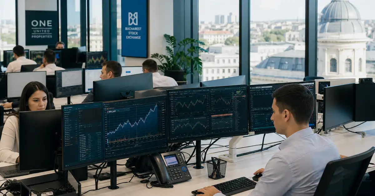 Modern open-plan office in Romania with finance professionals working at computer workstations with city skyline visible through large windows