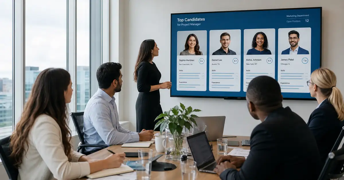 Business strategy meeting in a bright conference room with team members reviewing candidate profiles on a screen