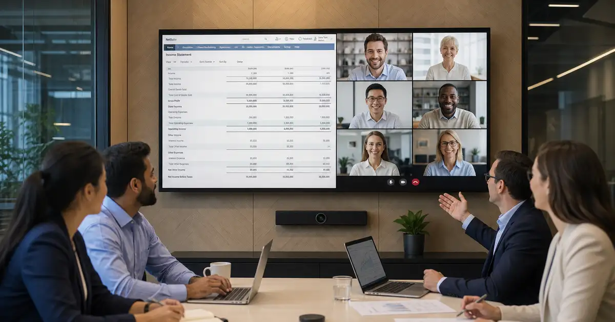 Diverse international team collaborating via video conference call on accounting software displayed on large screen