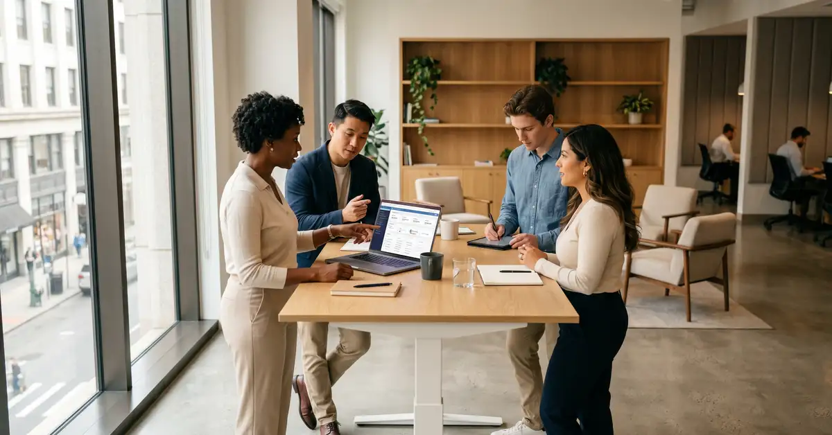 Professional sales team collaborating around a standing desk reviewing CRM dashboard in a modern office