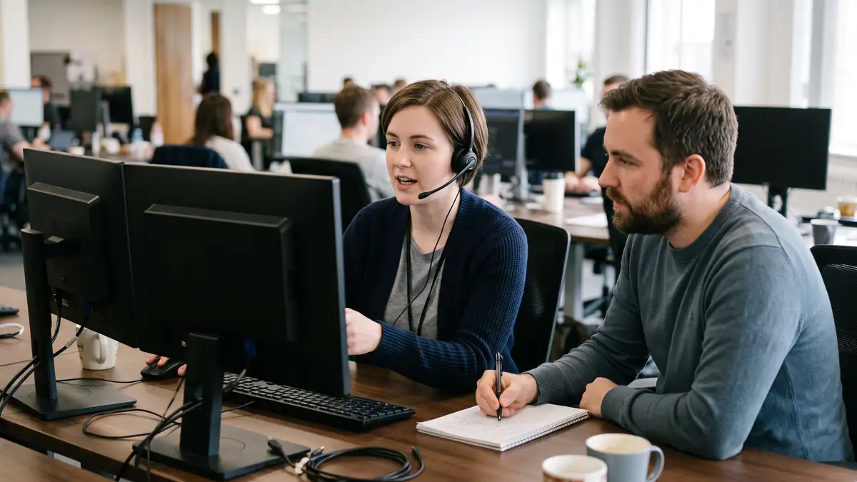 Two IT support analysts working side by side during a knowledge transfer shadowing session