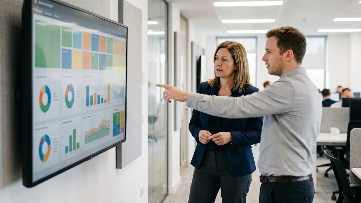 Service delivery manager and colleague reviewing service desk performance metrics on a wall-mounted dashboard