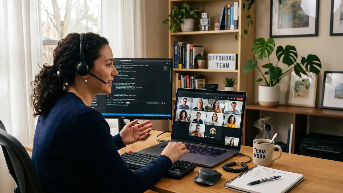 Remote software developers participating in a video standup meeting representing embedded offshore team integration