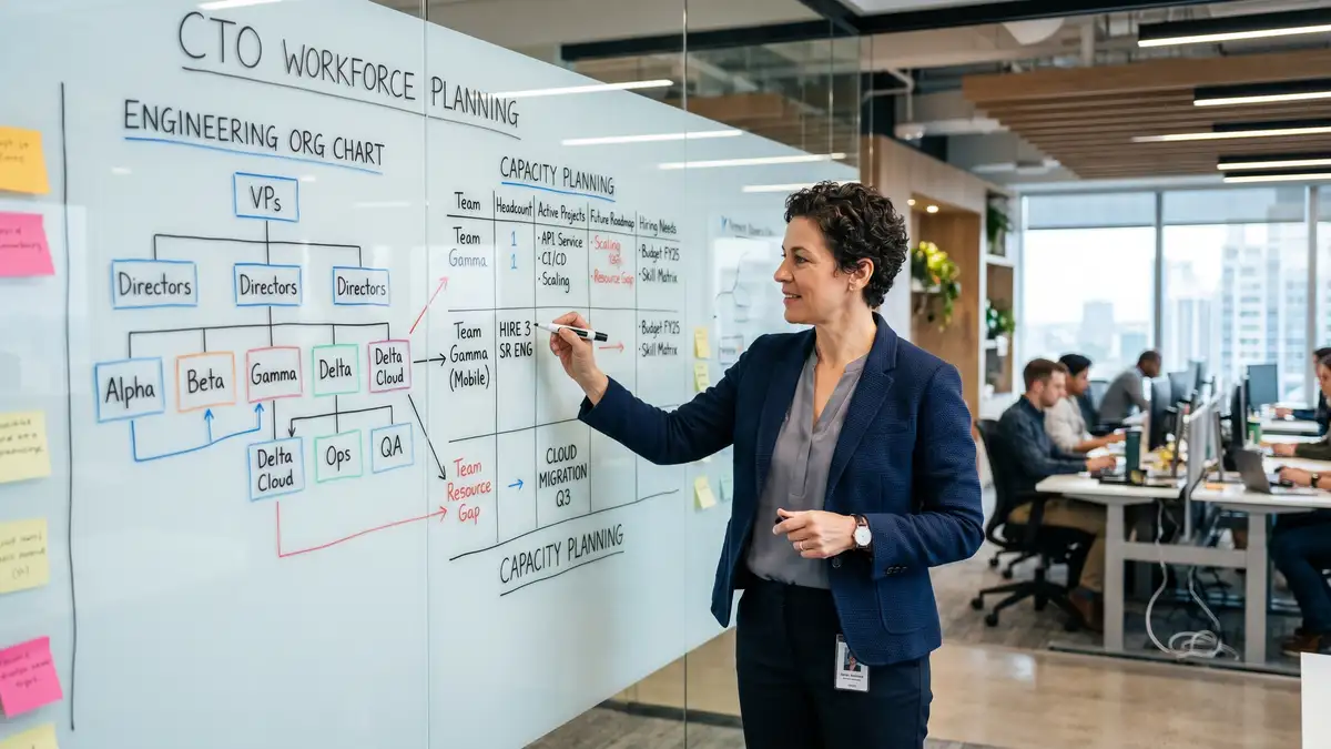 CTO reviewing team structure and engineering capacity planning on a whiteboard in a technology office