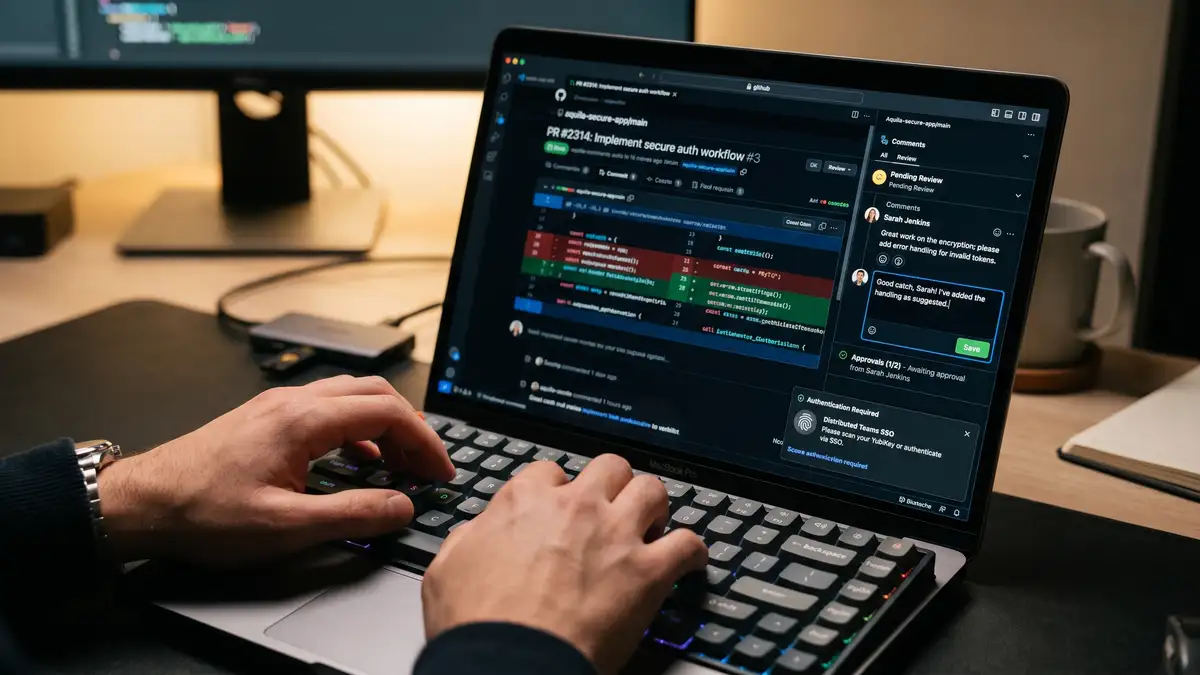 Secure software development environment with code review on screen representing IP protection in distributed teams