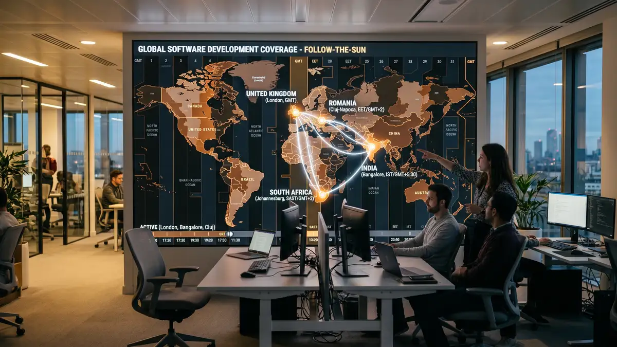 Global map showing time zone coverage across UK, Romania, South Africa, and India for follow-the-sun software development
