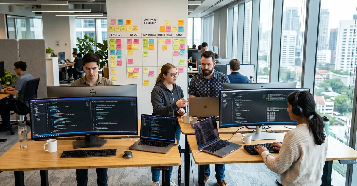 Software development team collaborating on product roadmap with code on screens in a modern technology workspace