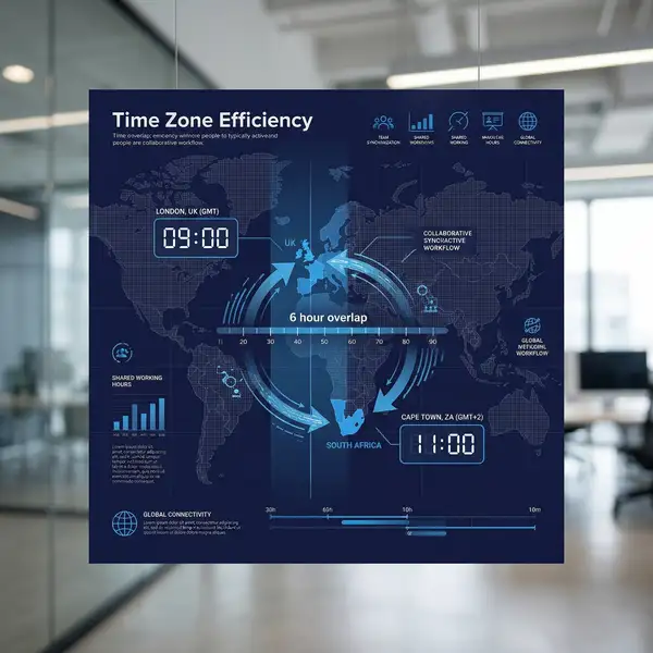 World map showing UK and South Africa with 6-hour timezone overlap window highlighted with digital clock interfaces