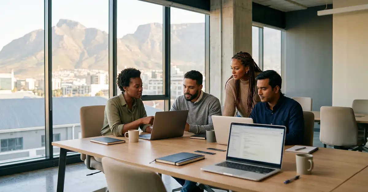 Diverse software development team collaborating in a modern Cape Town tech office with Table Mountain visible through the windows
